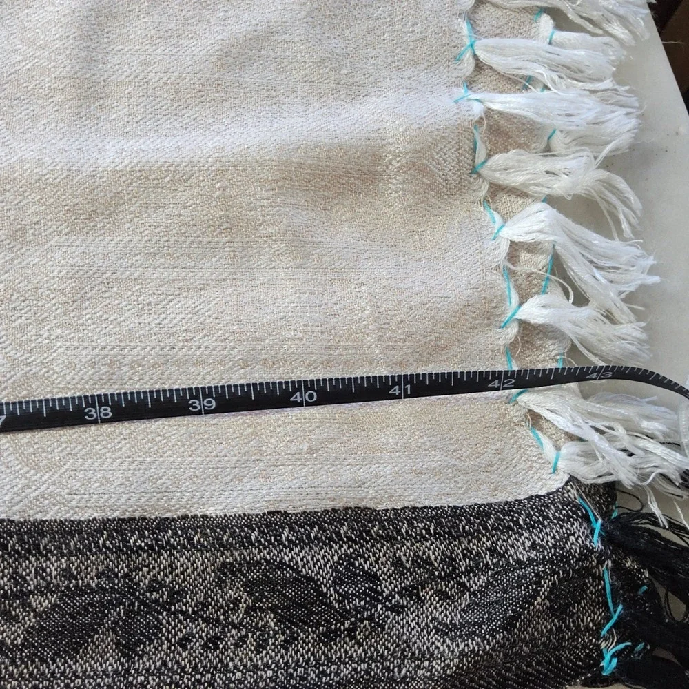Striped Scarf‎ Wrap Shawl with Tassels - Beige, Blue, Black Accent